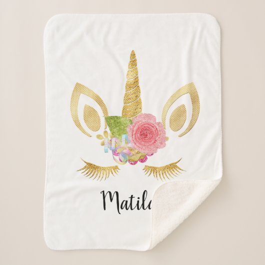 Elegant schattig  bloemgoud glitter unicorn sherpa deken (Voorkant)