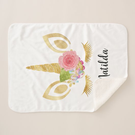 Elegant schattig  bloemgoud glitter unicorn sherpa deken (Voorkant (horizontaal))