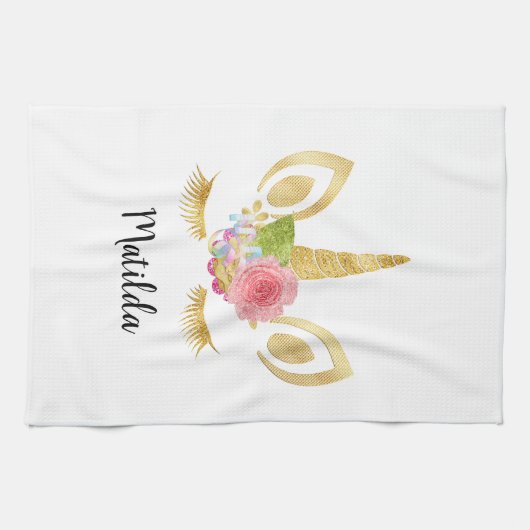 Elegant schattig  bloemgoud glitter unicorn theedoek (Horizontaal)