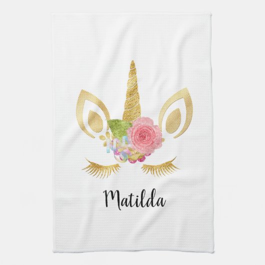 Elegant schattig  bloemgoud glitter unicorn theedoek (Verticaal)