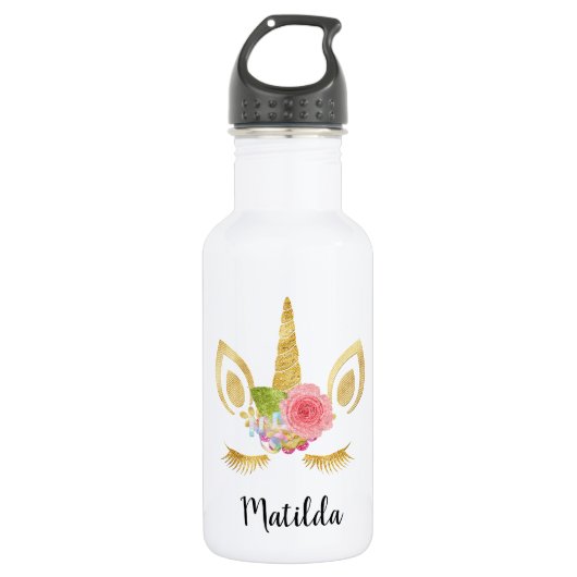 Elegant schattig  bloemgoud glitter unicorn waterfles  (Voorkant)