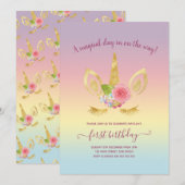 Elegant schattig eerjarig goud glitter unicorn kaart (Voorkant / Achterkant)