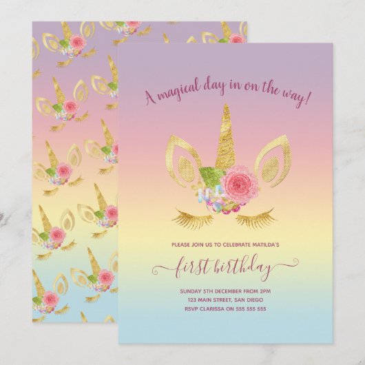 Elegant schattig eerjarig goud glitter unicorn kaart (Voorkant / Achterkant)