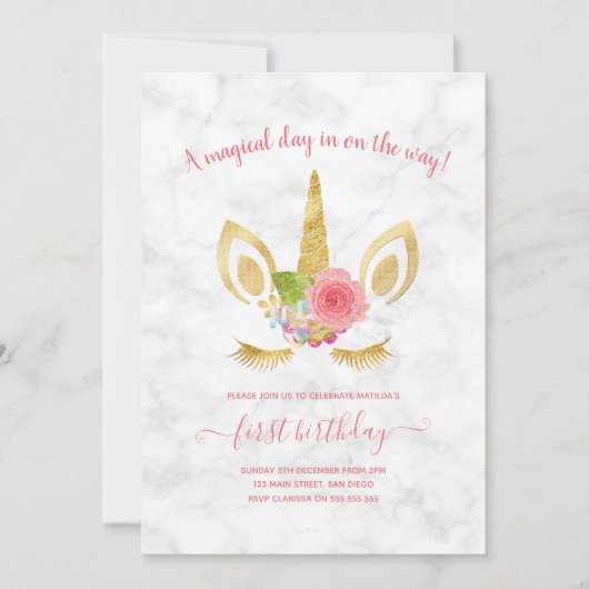 Elegant schattig eerjarig goud glitter unicorn kaart (Voorkant)