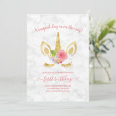 Elegant schattig eerjarig goud glitter unicorn kaart (Staand voorkant)