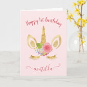 Elegant schattig eerjarig goud glitter unicorn kaart (Gele Bloem)