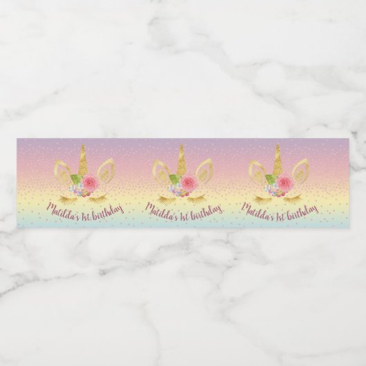 Elegant schattig eerjarig goud glitter unicorn waterfles etiket (Enkel label)
