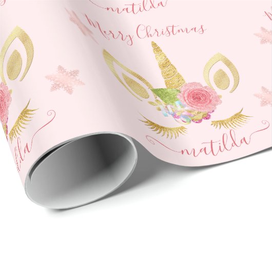 Elegant schattig kerstgoudglitter unicorn cadeaupapier (Rol Hoek)