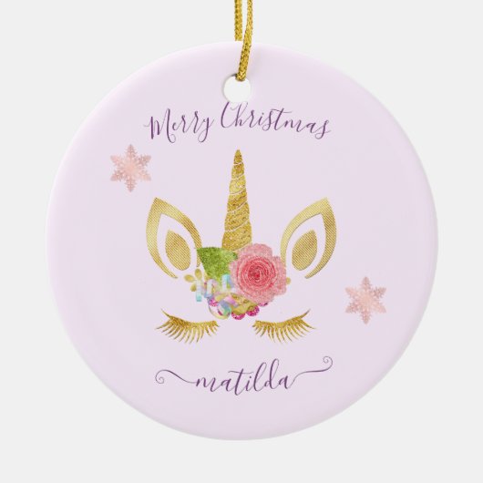 Elegant schattig kerstgoudglitter unicorn keramisch ornament (Voorkant)