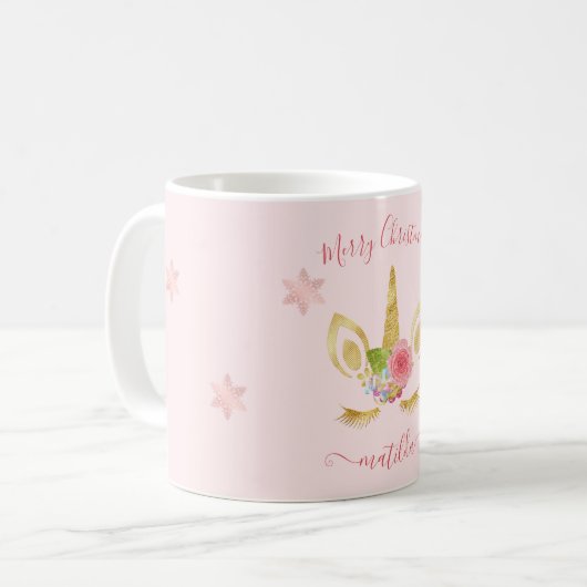 Elegant schattig kerstgoudglitter unicorn koffiemok (Voorkant links)