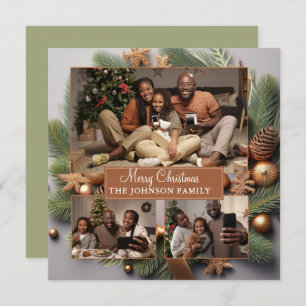Elegant Schattige 3 Foto Familie Kerstmis Evergree Feestdagenkaart