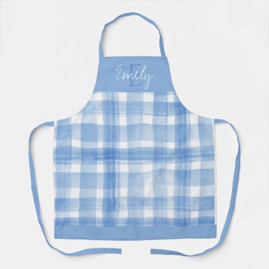 Elegant Schattige Blauw Wit Plaid Monogram Kerst Schort (Voorkant)