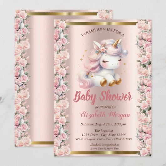 Elegant Schattige Eenhoorn Rozen Roos Goud Baby sh Kaart (Voorkant / Achterkant)