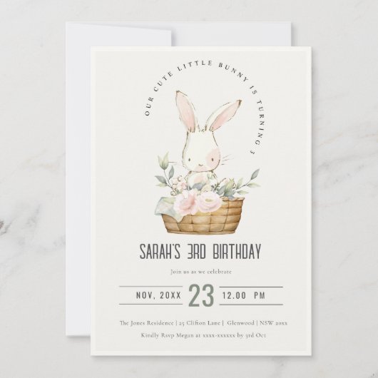 Elegant Schattige konijn in bloemenkast Kids Verja Kaart (Voorkant)