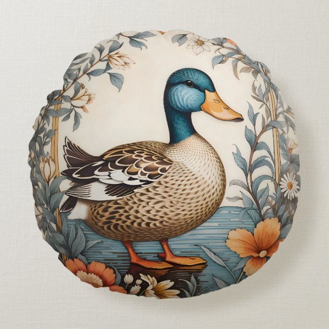 Elegant Schattige Plump Duck  Bloemen Rond Kussen (Voorkant)