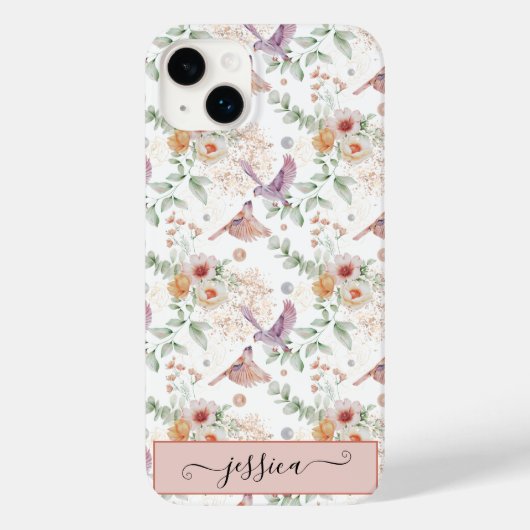 Elegant Schattige Roze Bloemen Wildflower Vogel Cu Case-Mate iPhone Case (Achterkant)