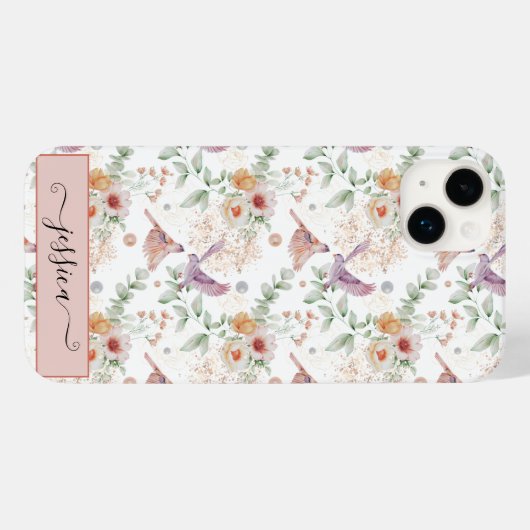 Elegant Schattige Roze Bloemen Wildflower Vogel Cu Case-Mate iPhone Case (Achterkant (horizontaal))