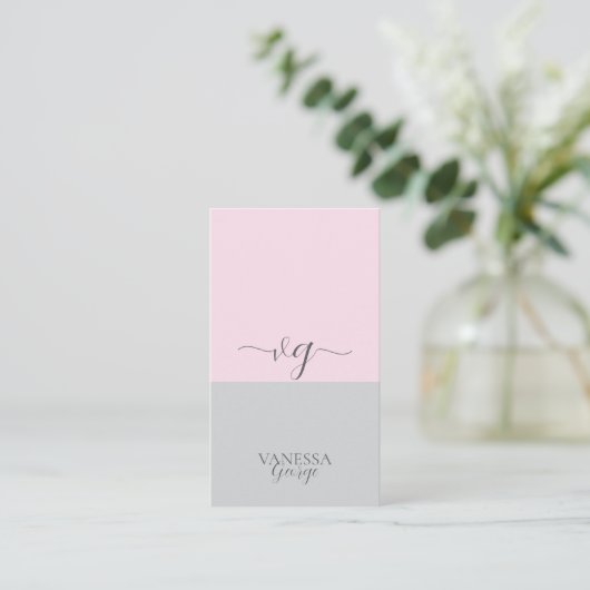 Elegant Schattige Roze Grijs Modern Monogram Custo Visitekaartje (Staand voorkant)