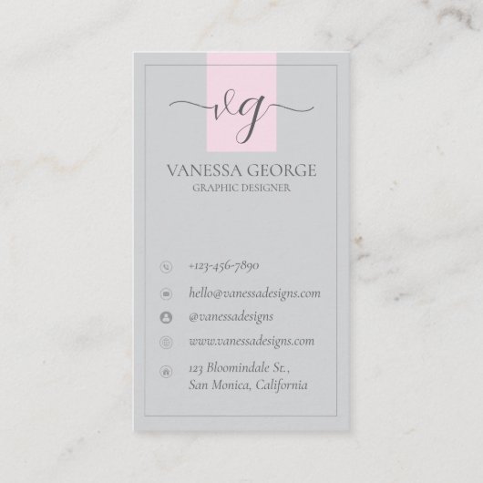 Elegant Schattige Roze Grijs Modern Monogram Custo Visitekaartje (Achterkant)