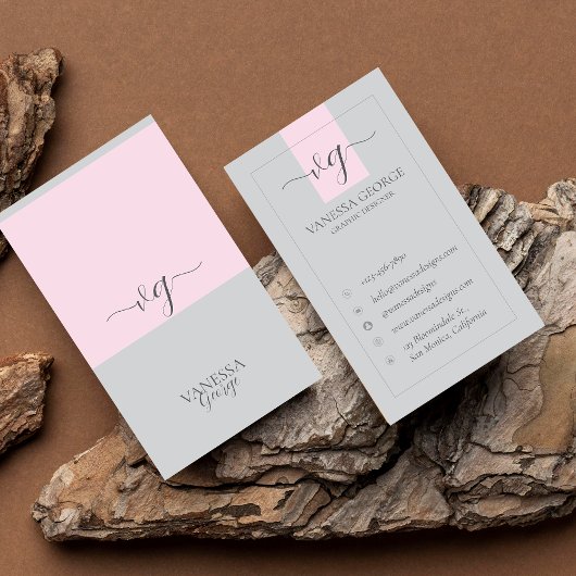 Elegant Schattige Roze Grijs Modern Monogram Custo Visitekaartje