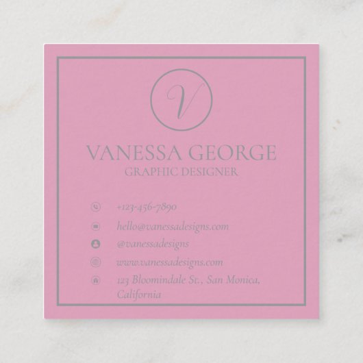 Elegant Schattige Roze Modern Monogram Custom Vierkante Visitekaartje (Achterkant)