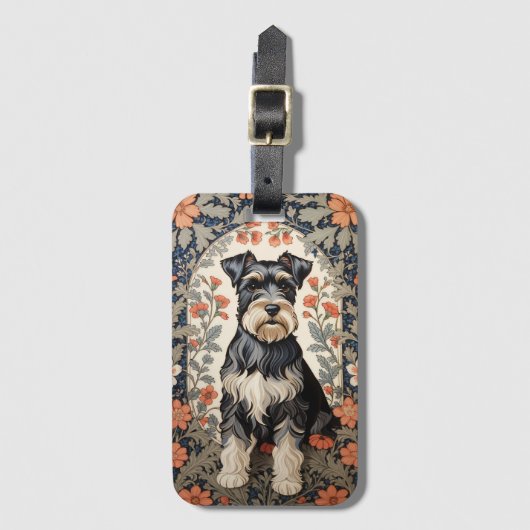 Elegant Schnauzer William Morris Inspired Floral Bagagelabel (Voorkant (verticaal))