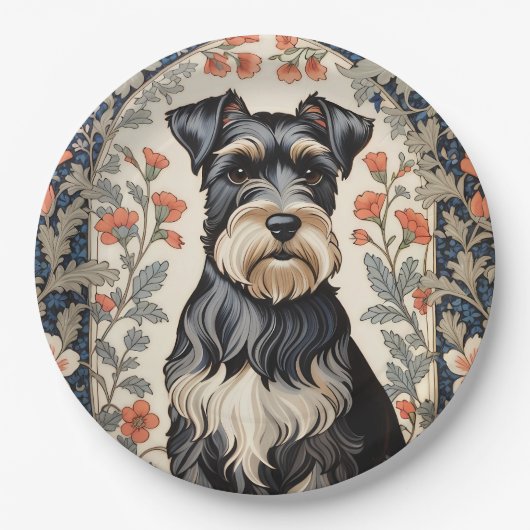 Elegant Schnauzer William Morris Inspired Floral Papieren Bordje (Voorkant)