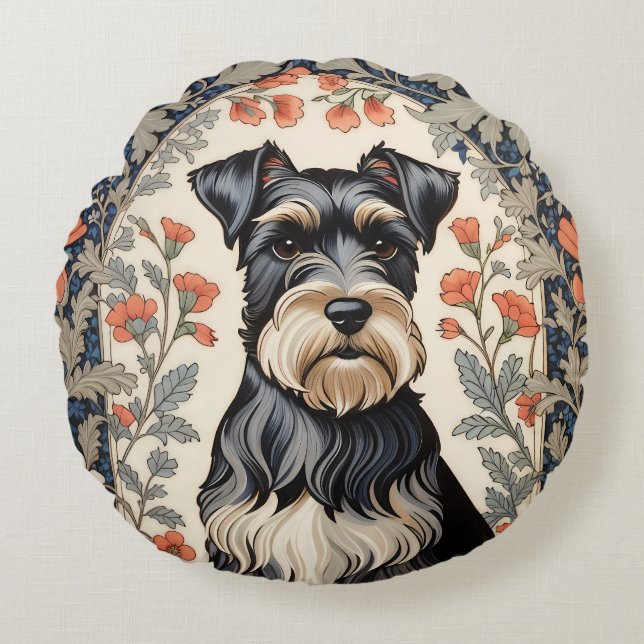 Elegant Schnauzer William Morris Inspired Floral Rond Kussen (Voorkant)