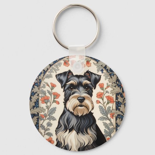 Elegant Schnauzer William Morris Inspired Floral Sleutelhanger (Voorkant)