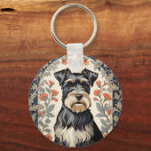 Elegant Schnauzer William Morris Inspired Floral Sleutelhanger (Voorkant)