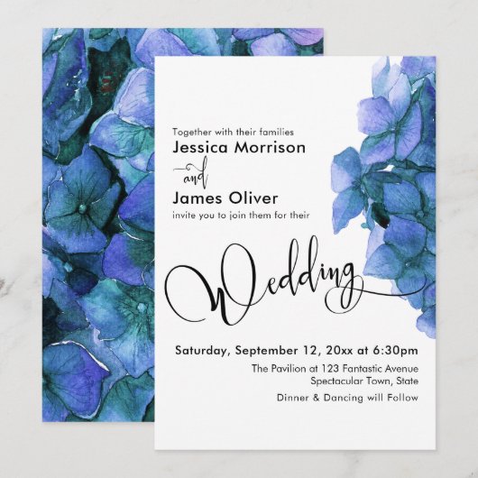 Elegant Schrift Blau Aquarel Hydrangea Bruiloft Kaart (Voorkant / Achterkant)