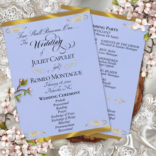 Elegant Schrift - Blauwe Parel/Gouden Bruiloft Programmakaart