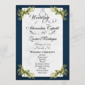 Elegant Schrift & Botanisch - Blauwe Trouwdag Programmakaart (Voorkant)