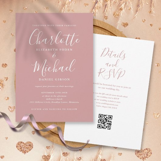 Elegant Schrift Dusty Rose Moderne QR Code Bruilof Kaart