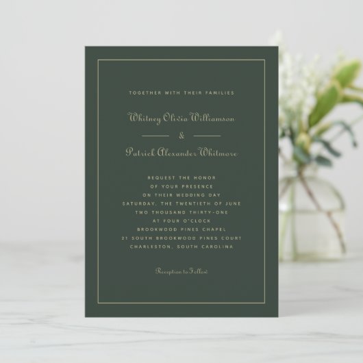 Elegant Schrift Emerald Groen Goud Formele Bruilof Kaart (Staand voorkant)