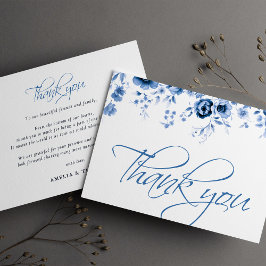 Elegant Schrift Frans Blauw Bloemendessin Bruiloft Bedankkaart