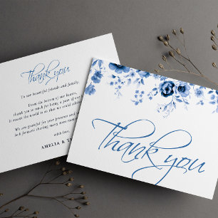 Elegant Schrift Frans Blauw Bloemendessin Bruiloft Bedankkaart