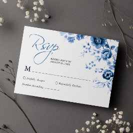 Elegant Schrift Frans Blauw Bloemendessin Bruiloft RSVP Kaartje