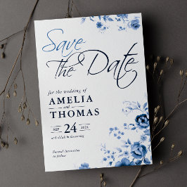 Elegant Schrift Frans Blauw Bloemendessin Trouwdag Save The Date