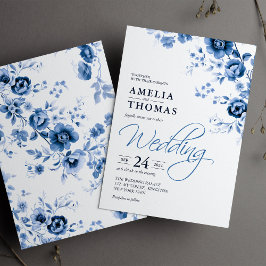 Elegant Schrift Frans Blauw Bloemendessin Trouwfee Kaart