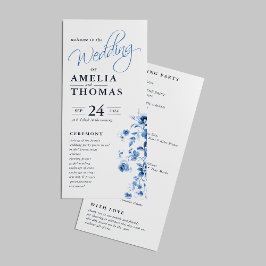 Elegant Schrift Frans Blauw Bloemendessin Trouwfee Programmakaart