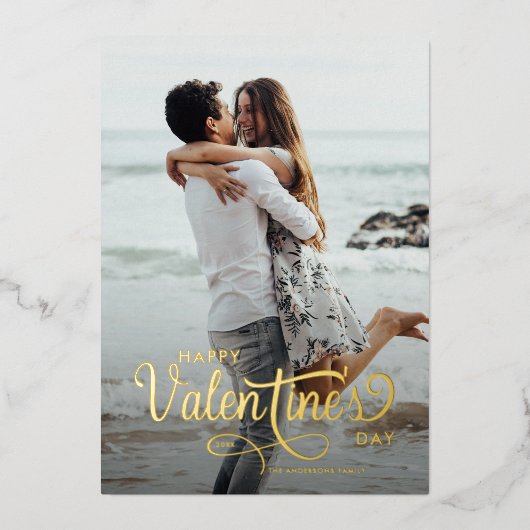 Elegant Schrift  Gelukkig Valentijnsdag Foto Harte Folie Feestdagenkaart (Voorkant)