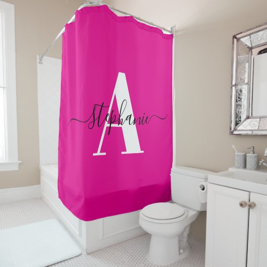 Elegant Schrift Groot Monogram Roze Douchegordijn (In situ)