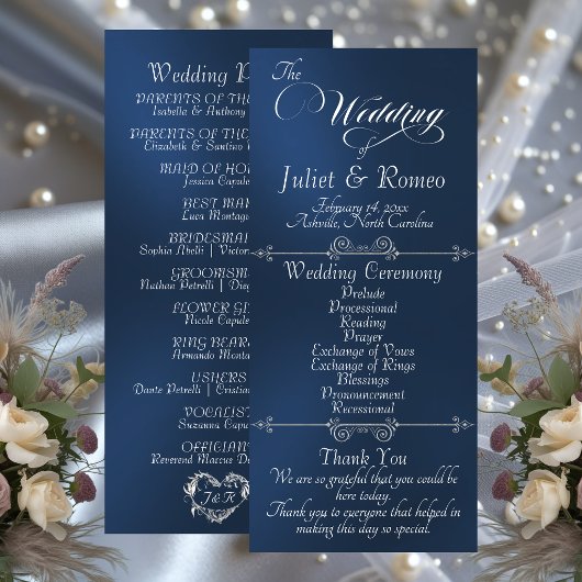 Elegant Schrift & Monogram - Blauwe Huwelijk Programmakaart