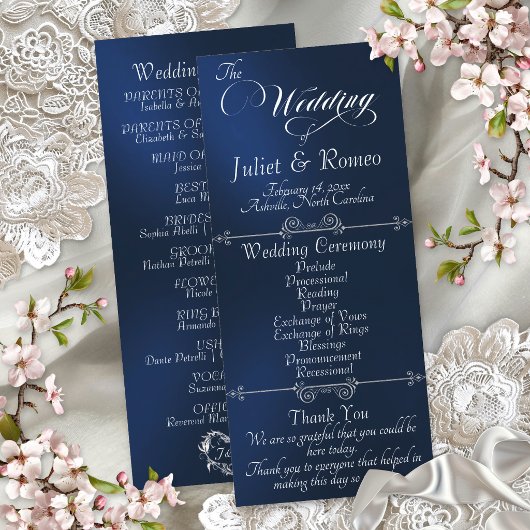 Elegant Schrift & Monogram - Blauwe Trouwkaart Programmakaart