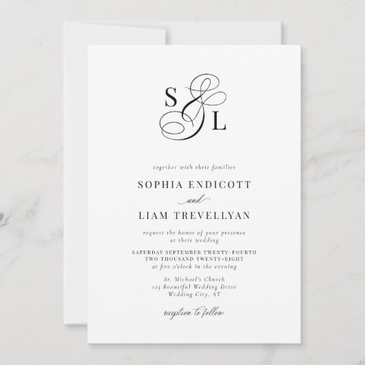 Elegant Schrift Monogram Formeel Huwelijk Kaart (Voorkant)