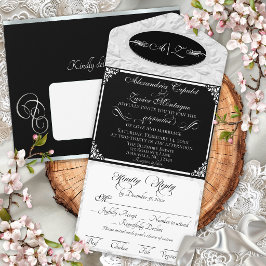 Elegant Schrift, Monogram & Frame- Zwart/Zilver All In One Uitnodiging