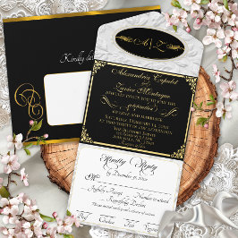 Elegant Schrift, Monogram & Lijst- Zwart/Goud All In One Uitnodiging