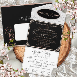 Elegant Schrift, Monogram & Lijst- Zwart/Roségoud All In One Uitnodiging