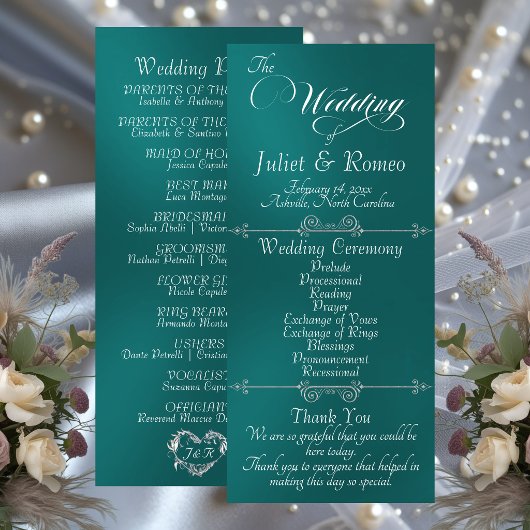 Elegant Schrift & Monogram - Turquoise Huwelijk Programmakaart
